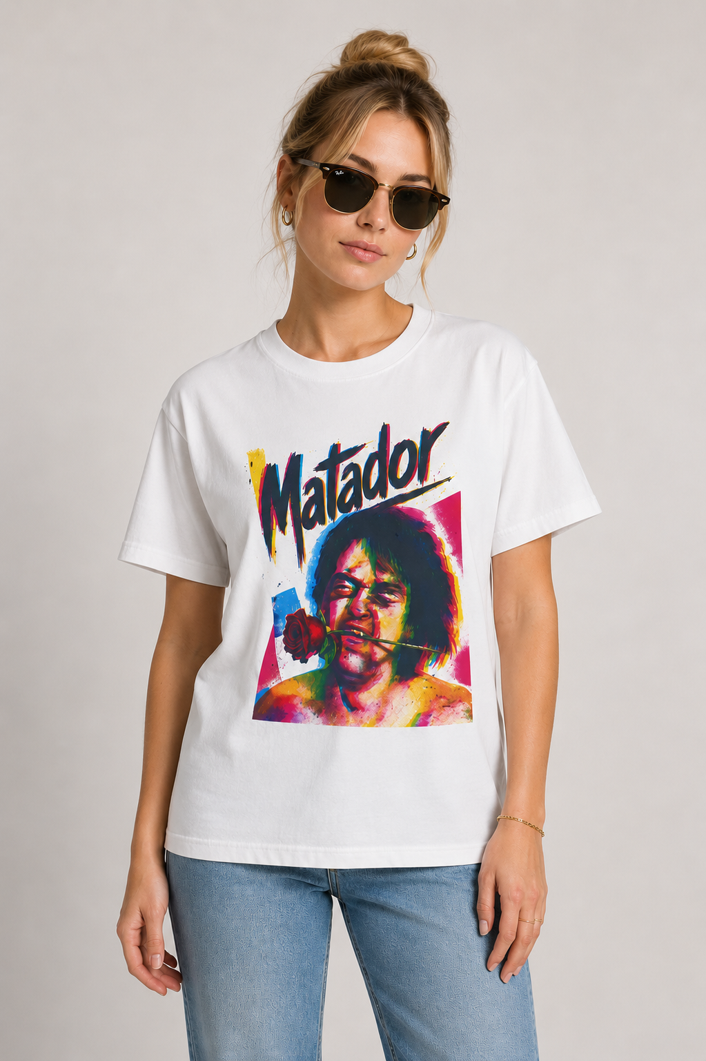 T-Shirt — 'Matador' Retro Pop Art Tee with Rose Graphic