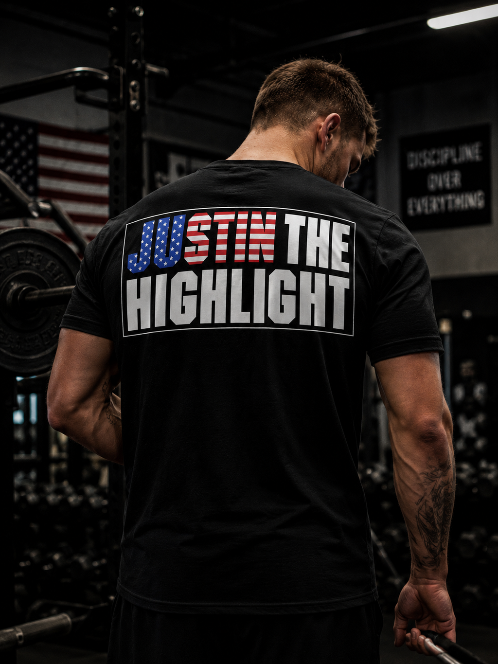 Patriotic "Just the Highlight" Graphic Tee - American Flag Back Print
