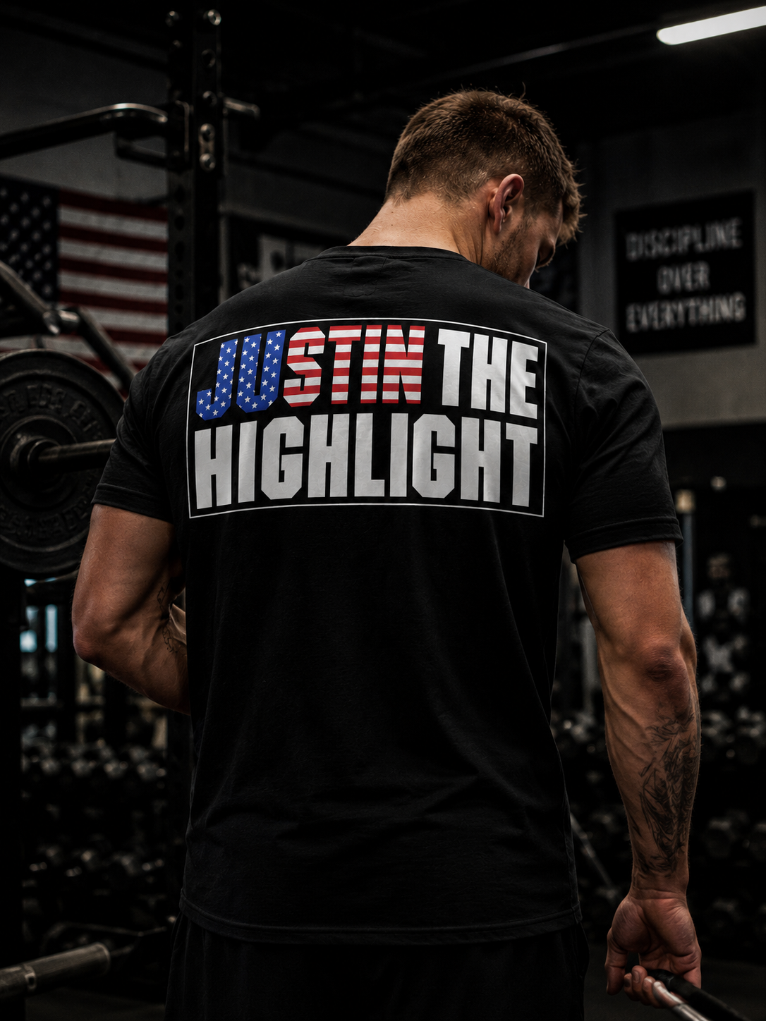 Patriotic "Just the Highlight" Graphic Tee - American Flag Back Print