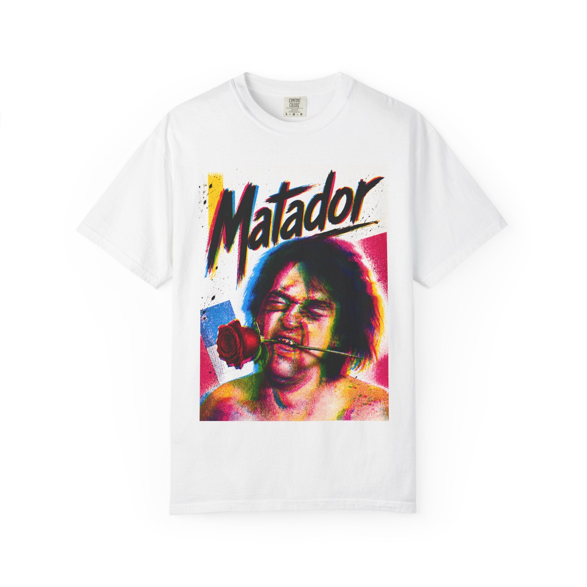 T-Shirt — 'Matador' Retro Pop Art Tee with Rose Graphic